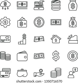 thin line vector icon set - cards vector, coins, front of the bank card, column, denomination dollar, catch a coin, wallet, purse, money, dollars, cash, machine, cashbox, rain, mortgage, pedestal