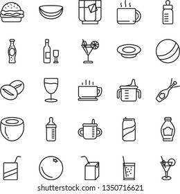 thin line vector icon set - mug for feeding vector, measuring cup, bottle, bath ball, e, packing of juice with a straw, coffee, burger, plate milk, beans, tea, glass soda, cocktail, can, orange