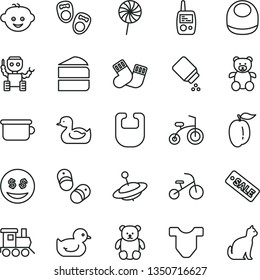 thin line vector icon set - baby powder vector, bib, Child T shirt, rubber duck, duckling, warm socks, toy mobile phone, children's potty, teddy bear, small, hairdo, train, yule, bicycle, tricycle