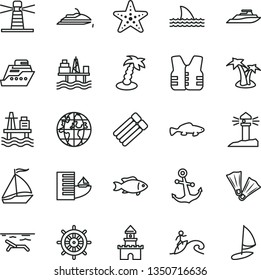 thin line vector icon set - anchor vector, small fish, sea port, commercial seaport, lighthouse, coastal, planet, sand castle, sail boat, hotel, beach, palm tree, starfish, flippers, surfing, yacht