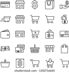 thin line vector icon set - grocery basket vector, bank card, cart, put in, crossed, bag with handles, cards, kiosk, shopping, reverse side of a, front the, denomination dollar, financial item
