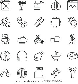 thin line vector icon set - teddy bear vector, tricycle, child shoes, cordless drill, washbasin, headphones, cardiogram, a bowl of rice porridge, barbecue, piece meat, cocktail, grape, water melon