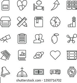 thin line vector icon set - bell vector, women, book, chest of drawers, writing accessories, heart, lemon, SIM card, on statistics, scanner, pc speaker, projector, telescope, molecule, brain, saturn