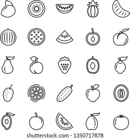 thin line vector icon set - cucumber vector, strawberry, peach, ripe, quince, red apple, tasty mulberry, water melon, slice of, half mango, loquat, delicious plum, tangerine, cherry, yellow lemon