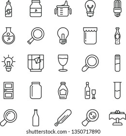 thin line vector icon set - incandescent lamp vector, measuring cup for feeding, mercury thermometer, interroom door, bulb, a glass of tea, bottle soda, jam, jar, liquor, round flask, light, zoom