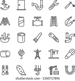 thin line vector icon set - safety pin vector, iron fork spoons, crane, tower, hook, winch, hand saw, stepladder, ladder, sewerage, ntrance door, knife, stationery, anchor, soda can, valve, magnet