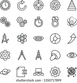 thin line vector icon set - clock face vector, clockwise, stacking toy, cogwheel, gear, eye, timer, delete page, porcini, plate, gears, Measuring compasses, scheme, ring diagram, atom, saturn, gold