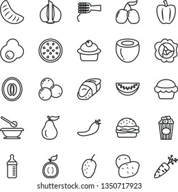 thin line vector icon set - measuring bottle for feeding vector, plates and spoons, burger, noodles, cake, muffin, sushi, cup of popcorn, fried egg, squash, blueberries, tasty mulberry, cornels, red