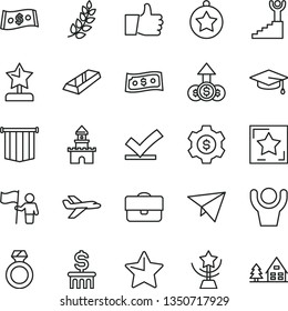 thin line vector icon set - star vector, thumb up, portfolio, dollar, laurel branch, cup, reward, winner stairway, graduate, medal, man hold flag, diamond ring, gold bar, pennant, vote check, hands