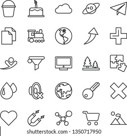 thin line vector icon set - paper airplane vector, clean, plus, cross, silent mode, Puzzles, bucket, key, heart, screen, cake, planet, Earth, forest, drop, magnet, shopping cart, water filter, cloud