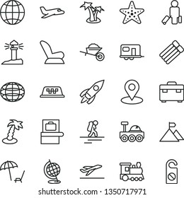 thin line vector icon set - car child seat vector, garden trolley, suitcase, earth, coastal lighthouse, geolocation, rocket, globe, lunar rover, mountain flag, plane, train, camper, taxi, backpacker