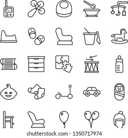 thin line vector icon set - toys over the cradle vector, storage unit, feeding bottle, baby bib, rattle, chair, car child seat, Knitted Socks, motor vehicle, roly poly doll, toy phone, potty, a for