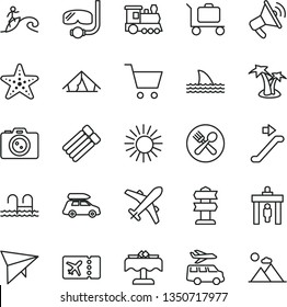 thin line vector icon set - train vector, car baggage, hang glider, escalator, security gate, plane ticket, tent, sun, palm tree, pool, cafe, restaurant, starfish, diving mask, surfing, camera, cart