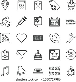 thin line vector icon set - camera vector, bell, calendar, add label, rss feed, upload archive data, download, heart, music, put in cart, phone call, size, birthday cake, location, water filter