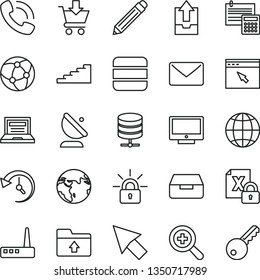 thin line vector icon set - laptop vector, graphite pencil, zoom, upload archive data, folder, calculation, earth, screen, big server, drawer, put in cart, satellite antenna, phone call, encrypting