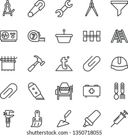 thin line vector icon set - clip vector, safety pin, bag of a paramedic, iron fork spoons, building trowel, concrete mixer, long meashuring tape, plastic brush, ladder, ceramic tiles, knife, caliper