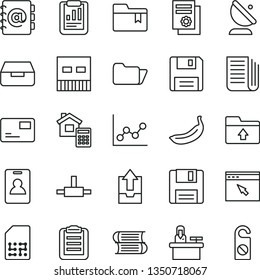 thin line vector icon set - graph vector, upload archive data, folder bookmark, books, estimate, address book, pass card, drawer, banana, satellite antenna, SIM, statistical report, newspaper, usb