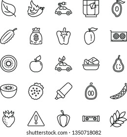 thin line vector icon set - warning vector, building level, lettuce in a plate, peper, glass of tea, strawberries, apricot, strawberry, half mango, loquat, ripe plum, kiwi, part guava, pepper, hot