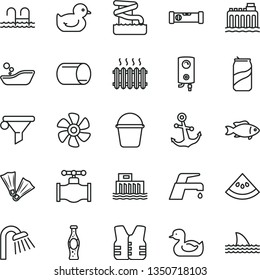 thin line vector icon set - rubber duck vector, baby duckling, children's bathroom, bucket, shower, construction level, faucet mixer, boiler, anchor, fish, soda can, bottle of, slice water melon