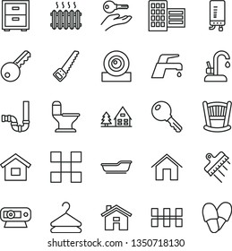 thin line vector icon set - house vector, bedside table, cradle, bath, dwelling, arm saw, comfortable toilet, siphon, city block, tile, ceramic tiles, spatula, faucet mixer, kitchen, home, key, with