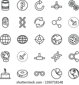 thin line vector icon set - renewal vector, clockwise, question, roly poly doll, left bottom arrow, earth, cake, right, tin, pizza, with a hole, planet, gears, connection, connections, man in sight