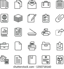 thin line vector icon set - briefcase vector, clean paper, scribbled, upload archive data, estimate, received letter, notebook, passport, pile, folder, notes, survey, clip, move right, newspaper