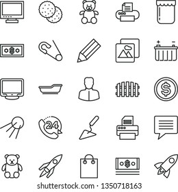 thin line vector icon set - image of thought vector, monitor, open pin, bath, teddy bear, small, building trowel, fence, picture, 24, artificial satellite, jam, biscuit, battery, woman, pencil, cash