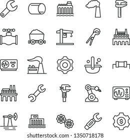 thin line vector icon set - repair key vector, crane, gears, cogwheel, adjustable wrench, working oil derrick, valve, manufacture, factory, hydroelectric station, hydroelectricity, industrial, pipe