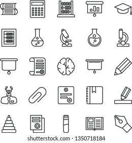 thin line vector icon set - clip vector, calculator, new abacus, stacking toy, books, drawing, book, notebook, square academic hat, round flask, pencil, research article, scientific publication