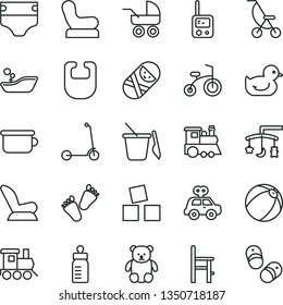 thin line vector icon set - toys over the cradle vector, feeding bottle, diaper, bib, Baby chair, car child seat, carriage, summer stroller, duckling, bath ball, children's bathroom, tumbler, potty