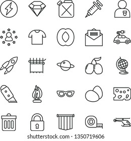 thin line vector icon set - measuring tape vector, knife, received letter, dust bin, lock, T shirt, planet, piece of cheese, eggs, tasty cornels, half peach, canister, cloth industry, electric car