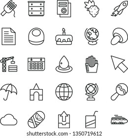 thin line vector icon set - scribbled paper vector, upload archive data, chest of drawers, baby bib, beanbag, tumbler, e, box bricks, tower crane, globe, earth, umbrella, spaghetti, porcini, torte