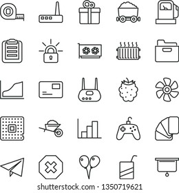 thin line vector icon set - mark of injury vector, paper airplane, negative histogram, e, colored air balloons, garden trolley, measuring tape, sample colour, folder, pass card, gift, blackberry