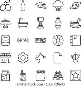 thin line vector icon set - scales vector, cloud, toy mobile phone, rocking horse, ladder, bath, building level, notebook, package, bottle, tasty cornels, slice of pineapple, barrel, gas welding