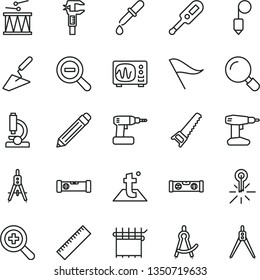 thin line vector icon set - graphite pencil vector, yardstick, zoom, out, wind direction indicator, electronic thermometer e, drumroll, trowel, cordless drill, hand saw, construction level, building