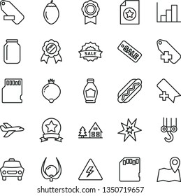 thin line vector icon set - danger of electricity vector, add bookmark, label, remove, negative histogram, winch hook, car, Hot Dog, bottle, medlar, tamarillo, physalis, jar, season sale, sd card