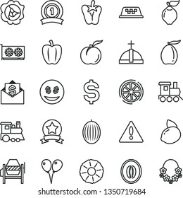 thin line vector icon set - warning vector, baby toy train, children's, colored air balloons, concrete mixer, peper, ripe peach, squash, quince, melon, loquat, half, yellow lemon, slice of, gpu card