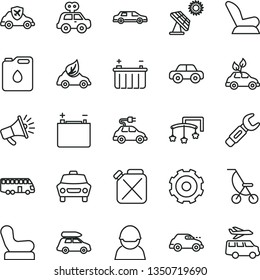 thin line vector icon set - truck lorry vector, toys over the cot, Baby chair, car child seat, summer stroller, motor vehicle, present, big solar panel, accumulator, battery, racer, canister, of oil