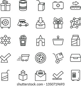 thin line vector icon set - bag of a paramedic vector, e, packing juice with straw, box bricks, received letter, put in, drawer, strongbox, gift, package, shipment, unpacking, tin, pizza, 3d cube