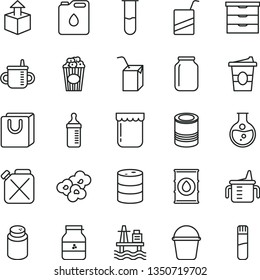 thin line vector icon set - storage unit vector, mug for feeding, measuring cup, bottle, powder, e, packing of juice with a straw, bucket, bag handles, unpacking, tin, popcorn, coffe to go, jam, jar