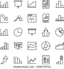 thin line vector icon set - pie chart vector, bar, line, graph, negative, histogram, positive, cardiogram, a crisis, statistical report, article on the dollar, ring diagram, charts, book statistics