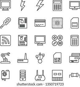 thin line vector icon set - lightning vector, monitor, window, bank card, calculator, rss feed, electronic thermometer e, screen, cards, math actions, processor, assembly robot, SIM, pc power supply