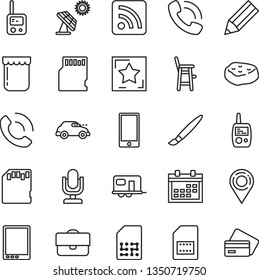 thin line vector icon set - tassel vector, desktop microphone, calendar, rss feed, toy phone, mobile, a chair for feeding child, smartphone, call, piece of meat, jam, big solar panel, retro car, sd