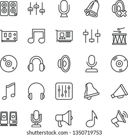 thin line vector icon set - bell vector, desktop microphone, horn, loudspeaker, silent mode, drumroll, headphones, music, regulator, megaphone, pc card, cd, speaker, note, settings