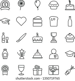 thin line vector icon set - tassel vector, balloon, birthday cake, heart, gift, square academic hat, Easter, muffin, piece of, torte, lollipop, glass, bottle, giftbox, gold cup, star, man with medal