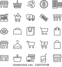 thin line vector icon set - paper bag vector, grocery basket, dollar, e, city block, put in cart, crossed, with handles, cards, kiosk, hanger, stall, shopping, reverse side of a bank card, hand