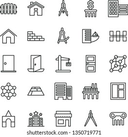 thin line vector icon set - house vector, box of bricks, brick wall, window, ntrance door, interroom, buildings, city block, ceramic tiles, fence, paving slab, home, industrial enterprise, 3d cube