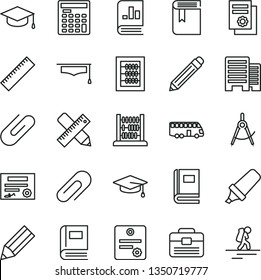 thin line vector icon set - clip vector, graphite pencil, yardstick, book, new abacus, portfolio, buildings, writing accessories, square academic hat, scribed compasses, text highlighter, graduate