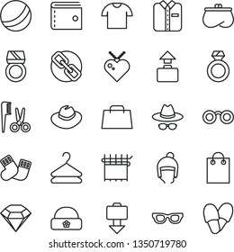 thin line vector icon set - purse vector, spectacles, hat, with glasses, bath ball, accessories for a hairstyle, warm socks, winter, T shirt, folded, hanger, cloth industry, bag, hand, diamond, ring