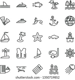 thin line vector icon set - anchor vector, small fish, sea port, commercial seaport, coastal lighthouse, planet, sand castle, sail boat, hotel, beach, palm tree, starfish, flippers, diving mask